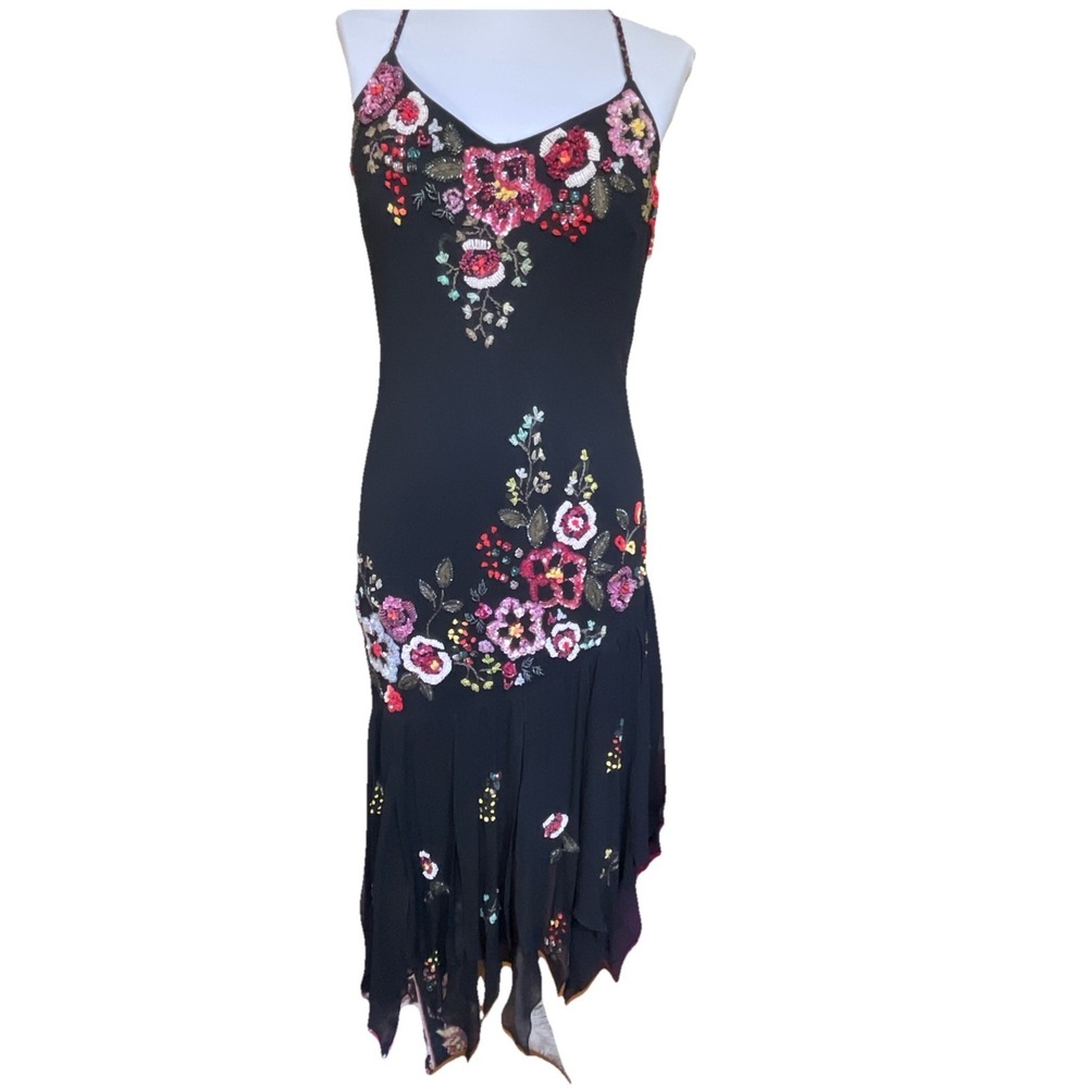 Vintage Y2K 100% Silk beaded Black Floral Evening Gown Midi -Sue Wong- 12 - Picture 1 of 16